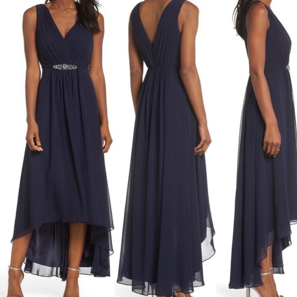 NWT Eliza J Navy Blue Embellished High/Low Chiffon Dress, Size 4